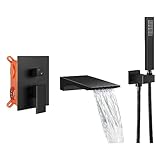 FAHKNS Matte Black Waterfall Wall Mounted Bathtub Faucet With Bathroom Tub Filler Spout Hand held Shower Sprayer, Modern Solid Brass Bath tub Shower Faucet Set（Rough-in Valve Included）
