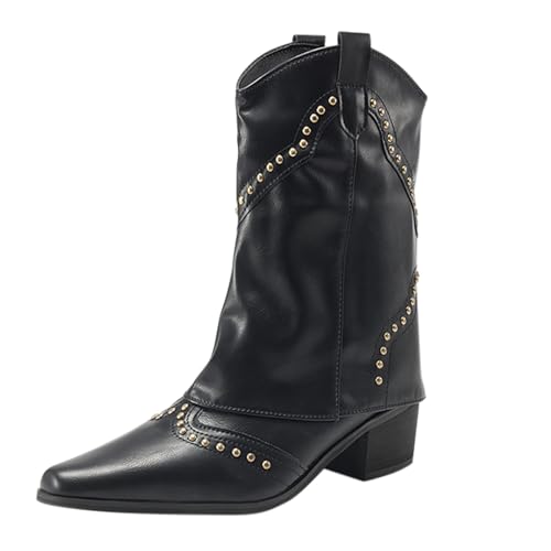 Moda Mujer Botas de pantorrilla vaquero corto tacón bajo retro punta puntiaguda vintage botas de moto a prueba de viento ligeras botas elegantes otoño invierno, Le Noir, 39 EU