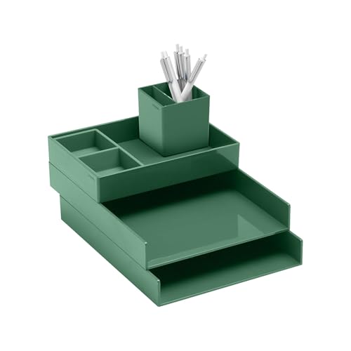 Poppin Super Stacked Desk Set - Sage, Medium Accessory Tray, Letter Tray, This + That Tray, Double-Compartment Pen Cup and 6 Signature Ballpoint Pens, Complete Office Organizer Set