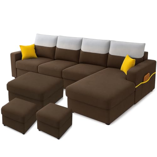 Image of Furny Tokiaa 8 Seater Fabric RHS L Shape Sofa Set with 1 Centre Table & 2 Puffy (Brown) | Soft Velvet Fabric | Modern Design | Comfortable Seating | Living Room Furniture