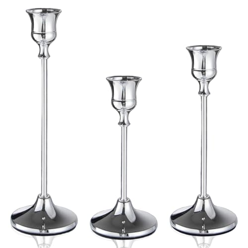 Juego de 3 candelabros cónicos de Metal Elegantes Vintage, centros de Mesa Decorativos para Bodas, Fiestas navideñas, hogar, Sala de Estar, decoración de Mesa, Color Plateado