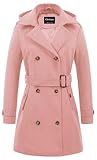 Chrisuno Pea Coat With Hood for Women Collar Lapel Winter Belted Coat with Pockets Pink 2XL