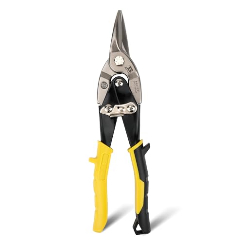 B BOSI TOOLS 10 Inch Aviation Tin Snips, Straight Cut Heavy Duty Shears for Sheet Metal, Cutter Snips Shears with Chrome Vanadium Steel Sharp Blades & Safety Latch (10 Inch Straight)