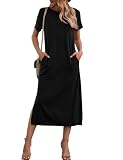 Naggoo Women's Short Sleeve Split Maxi Dress Casual Plain Tie Dye Print Tshirt Long Dresses with Pockets Black