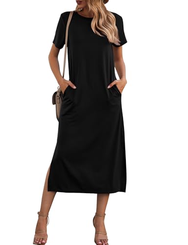 Naggoo Women Short Sleeve Loose Plain Maxi Pockets Dresses Casual Fit Tshirt Long Dresses Black