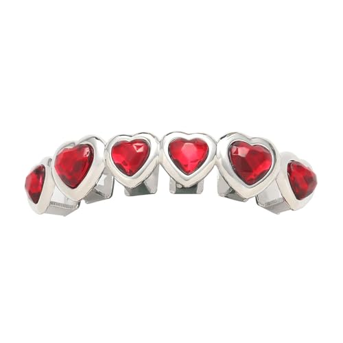 Enamel Shape Hip Hop Mouth Red Heart Teeth Grillz–18K Gold Plated & Silver, Fashion Accessory for Parties, Streetwear Cosplay(Silver,Upper teeth)