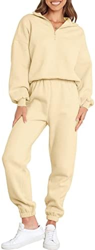 Prinbara Matching Sets for Women Two Piece Outfits Sweatsuit Long Lantern Sleeve 1/4 Zipper Collar Top with Wide Leg Pants Sets 7PA76-kaqi-XL