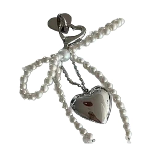 Haoyull Pendant Keychain Bowknot Heart Pendant Keychain Pearls Beaded Phone Charm Detachable Phone Lanyard Handmade Keyring Jewelry for Wallet, Love 30*31, As Shown in the Figure