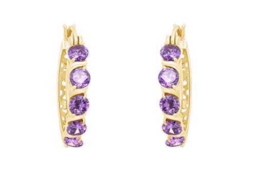 Round Cut Purple February Amethyst Birthstone Snap Closure Hoop Earrings In 14K Yellow Gold Over Sterling Silver #TOP1