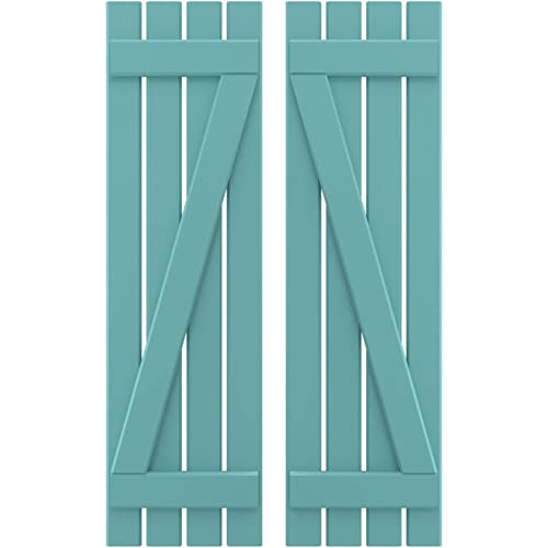 Ekena Millwork ARW102SB415X50PTH Americraft Four 2 Exterior Real Wood Spaced Board-n-Batten Shutters w/Z-Bar (Per Pair), 15 1/2"W x 50"H, Pure Turquoise