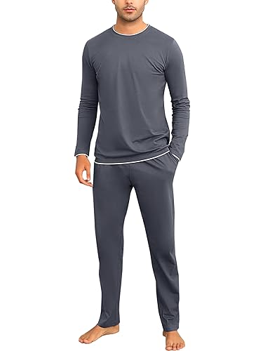 Aseniza Herren Schlafanzug Lang Pyjama Baumwolle Winter Zweiteilige Pyjamas mit Langarmshirt und Schlafanzughose für Männer,Grau,XL