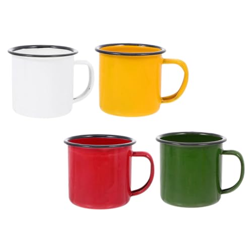 DECOMELODY 4 Stück Teiliges Emaille Becher Vintage Stil mit Henkel Kleine Robuste Tassen Hitzebeständig Rostfrei Farblich Sortiert für Camping Tee Kaffee und Wasser
