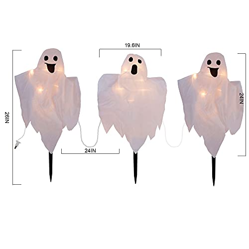 Halloween Decorations, 3 Pack 26 Inch Lighted White Ghost Stakes, Cloth Ghosts With 20-Count Incandescent Light, Light Up Holiday Party Home Haunted House Yard Art, Indoor Outdoor Ornament #TOP2