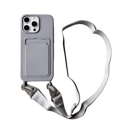 Housse portefeuille iPhone 15 Pro en similicuir gris texturé avec sangle épaule