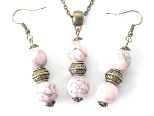 Bijoux turquoise rose d'exception : parure collier et boucles d'oreilles en bronze travaillé