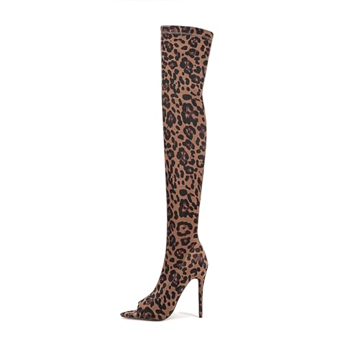 LINMUYOUJIA Summer boots Stiletto heel Peep toe thigh high boots Spring stretch boots for women pointed toe Over the knee high heel bootas-Leopard-38