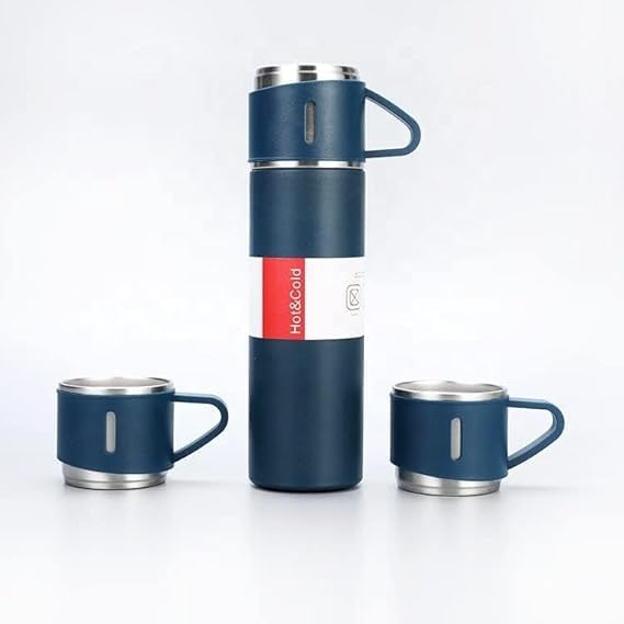 Double-Wall Stainless Steel Vacuum Flask with Silicone Handle and Insulated lid Set with 2 Stainless Steel Cups for hot and Cold (Blue)