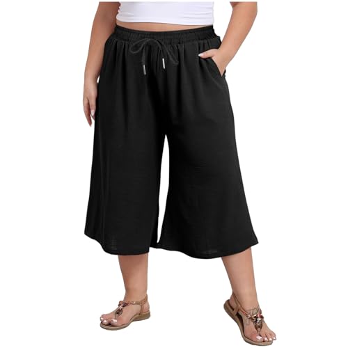 HGps8w Wide Leg Linen Capri Pants for Women Loose Fit Casual Elastic Waist Summer Drawstring Lounge Sweatpants with Pockets