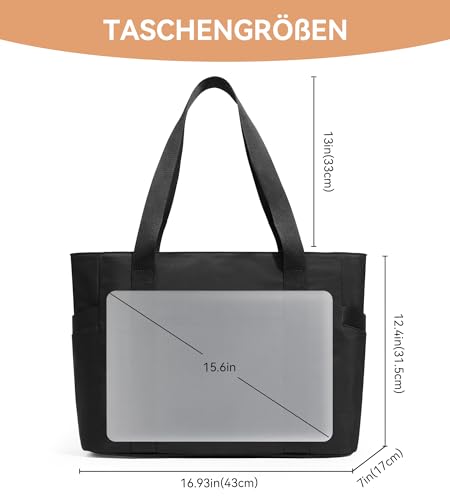 KALIDI Shopper Tasche Damen Groß Handtasche Arbeitstasche Uni Tasche Tote Bag Schwarz für Arbeit, Schule, Büro