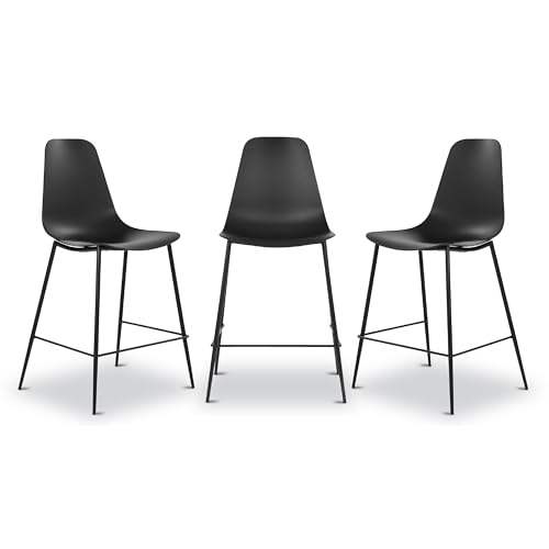 Image of Poly & BARK Isla Bar Stools Set of 3 - Counter Height Bar Stool for Kitchen - Set of Counter Stools - Indoor /Outdoor Barstools - Modern Kitchen Bar Stools - Ebony Black
