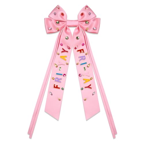 Boderier Teacher Gifts Hair Bows for Women Friyay Hair Bow Clips Large Jeweled Satin Ribbon Bow Barrette Hair Clip Back To School Teacher Must Haves Accessories Pink Friyay