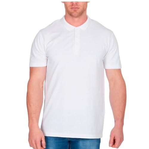 Image of Mens Polo Shirt Short Sleeve Top Plain T Shirt Casual Work Golf Tee Pique Basic (White, L)