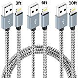 NANMING iPhone Charger, Lightning Cable 3Pcs 3FT 6FT 10FT Extra Long Nylon Braided Charging Cable Cord Lightning to USB Cable for iPhoneX /8Plus 7/7Plus/6/6s/6 plus/6s Plus,5/5s/5c,iPad (Grey+White)