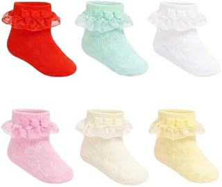 Auralon Baby Girls Frill Lace Ankle Socks Pack of 6 | Soft Cotton Fancy Socks for Infants & Toddlers Price In India
