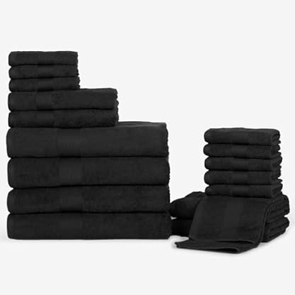 Ample Decor Badezimmer Handtuch Set 18-4 Handtuch, 4 Badetuch, 10 Waschlappen - Oeko Tex Zertifiziert 600GSM 100% Baumwolle - Hohe Saugfähigkeit Schnell Trocknend, ideal zum Verschenken - Schwarz