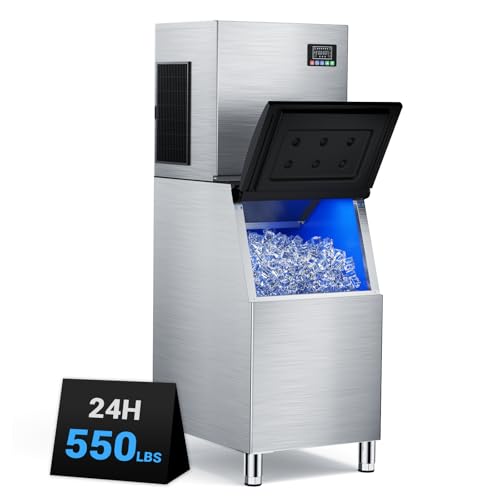 Commercial Ice Machine 550LBS/24H,Storage 400LBS,Large Industrial Ice Maker,Ice Ready in 5-15min,with Self-Cleaning Mode,with Timing Function,30 Levels of Ice Thickness Adjustment,Stainless Steel