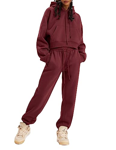 Kissonic Women's Fleece Jogger Sets 2 Pieces Sweatsuits Outfits Crop Top Hoodies Jogger Pants2
