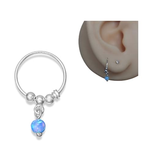 Handmade Silver Single 10MM Cartilgae Helix Piercing Hoop Earring with One 3mm Blue Opal, 925 Sterling Silver Very Small 10MM Thin 22 Gauge Hoop for women, By Miya Jewelry Creations