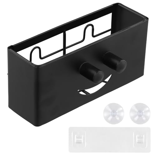 QINGZY Organizador de Fregadero de Cocina, Diseño Sonriente, Escurridor Porta Estropajos y Paños, Compacto y Multifuncional con Gancho Adhesivo y 2 Ventosas, Sin Taladros, Soporte para Baño, Negro