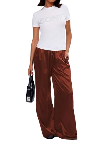 Image of MakeMeChic Women's Summer Satin Silk Pants Casual Flowy Pants Beach Vacation Wide Leg Pants