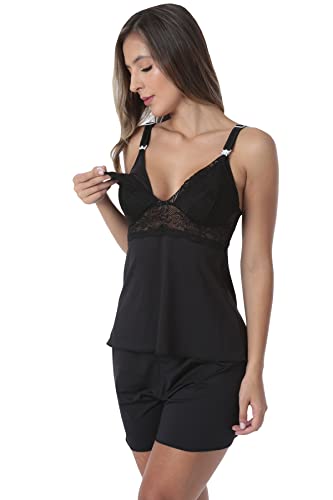 Baby Doll Short Doll de amamentação Pós parto sem Bojo de Microfibra Light e Renda 2 pecas Feminino