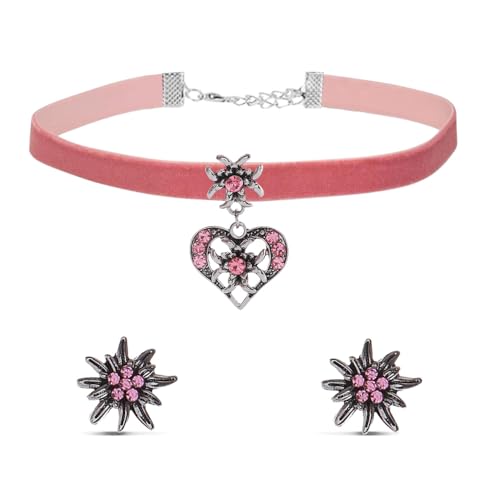 Bieiyhe Trachtenschmuck Damen Set, Dirndl Schmuck Oktoberfest Accessoires, Trachtenkette und Ohrringe, Outfit zum Oktoberfest, Dirndl Halskette, Dirndlschmuck Herz mit Edelweiss und Rosa Samt