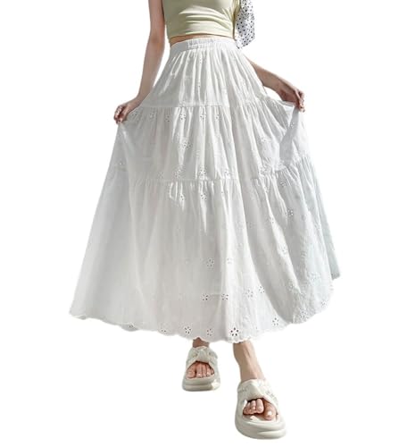 chouyatou Women's Boho Lace Embroidery Eyelet Swing Skirt High Elastic Waist Ruffle Tiered Long Skirt