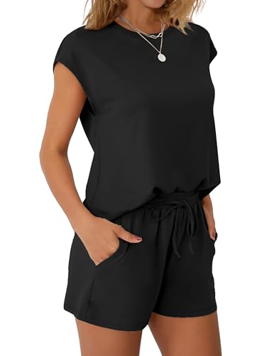 Image of WIHOLL Two Piece Sets for Women Summer Crew Neck Lounge Short Sets Cap Sleeve Drawstring Sweatsuit with Pocket