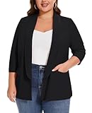 MINTLIMIT Women's Suits & Blazers 3/4 Sleeve Plus Size Open Front Suit Jacket Solid Stretchy Blazer with Pockets(Black,2XL)