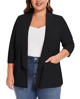 MINTLIMIT Women's Suits & Blazers Plus Size 3/4 Sleeve Open Front Suit Jacket Solid Stretchy Blazer with Pockets(Black,2XL)