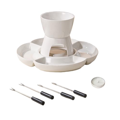 Genérico Service à fondue au fromage : en porcelaine de 16 cm, fourchette et plateau base faits à la main, fondue de table chauffée avec bougies, construction en céramique durable, design élégant et