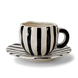 VrythosNex Retro 12oz Cappuccino Coffee Mug with Saucer, Black and White Stripe Latte Art Mug & Tea Cup and Saucers, Cute Ceramic Mug Set for Cafe, Home, Office