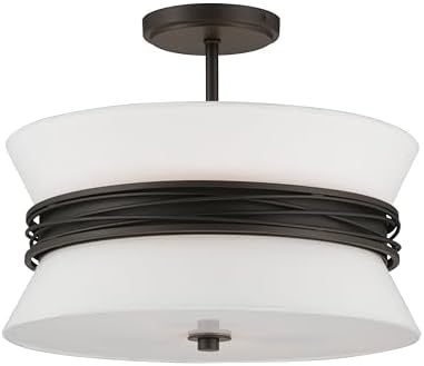 Minka-Lavery Dalvor 15" 3-Light Semi-Flush Mount - Dark Bronze with White Glass and Linen (Bulb Not Included)