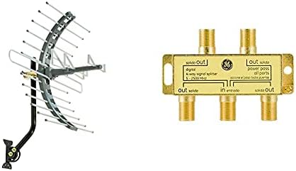 GE Outdoor TV Antenna, Long Range Antenna, 4K 1080P VHF UHF Digital HDTV Antenna & Digital 4-Way Coaxial Cable Splitter, 2.5 GHz 5-2500 MHz, RG6 Compatible