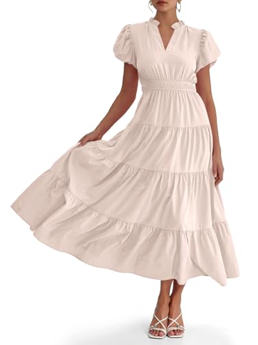 Image of Wenrine Womens Summer Midi Dress A-Line Puff Short Sleeve V Neck Dresses