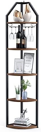 SAUCE ZHAN 70 Inch Tall Corner Shelf, 5 Tier Corner Bookshelf with Storage Rustic Corner Shelf Stand with Goblet Holder Wooden Bookcase Plant Stand Rack for Living Room, Dining Room, Kitchen – Brown