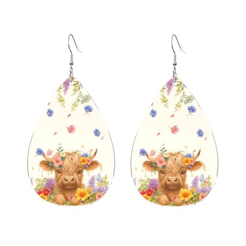 Highland Cow with Flowers Women Earrings Funny Printing Fashionable Waterdrop Shaped Retro Cute Accessories