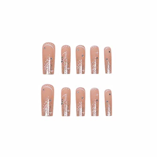 Foccna Long Fake Nails Nude Press On Nails Artificail Nails Butterfly Rhinestone Nails Acrylic Full Cover Shiny Sequins False Nails Tips For Nail Art Manicure Decoration,24Pcs #TOP2
