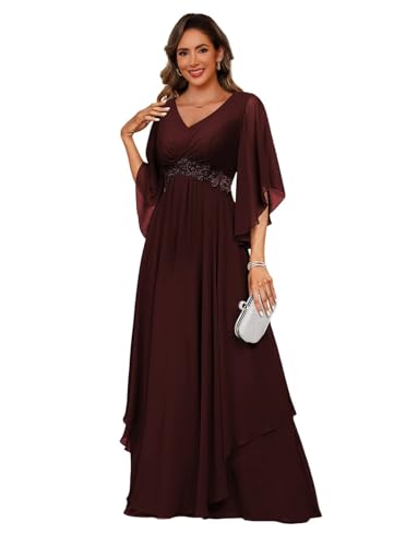 Women's 3/4 Sleeve Mother of The Bride Dresses 2025 Lace Applique Pleated Formal Party Dress DE233