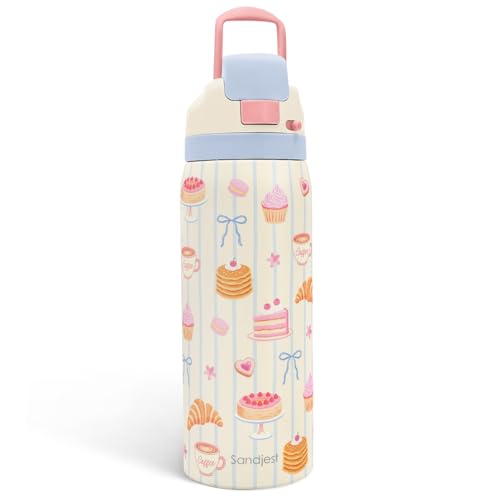 SANDJEST Dessert Stainless Steel Push-button Lid Water Bottle 32oz for Girl